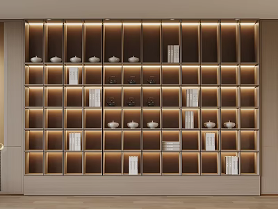 Modern Display Shelf Interior With Layered Shelves Bowls Cups And Books 3d model