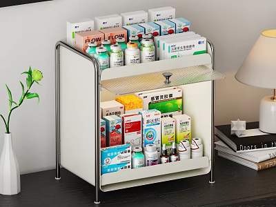 Hospital Ward Medical Cart With Two Layers Of Medication Boxes And Bottles 3d model