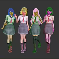 Anime Style Female Game Characters in School Uniform with Multicolored Hair and Varied Poses