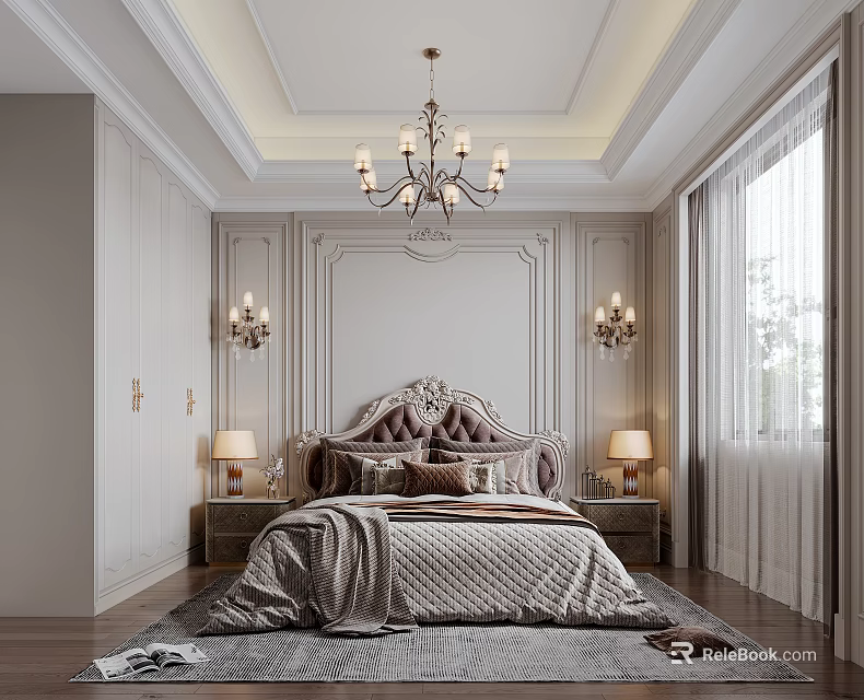 Elegant Classic Bedroom Interior With Carved Headboard Bed Chandelier Wall Sconces And Bedside Table Lamps 3d model 