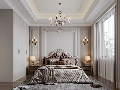 Elegant Classic Bedroom Interior With Carved Headboard Bed Chandelier Wall Sconces And Bedside Table Lamps 3d model