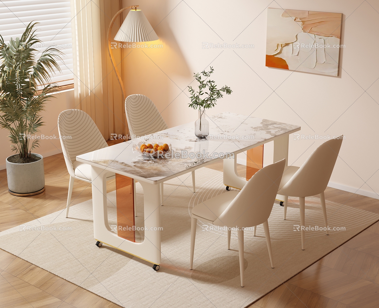 Modern cream style dining table and chair combination 3d model