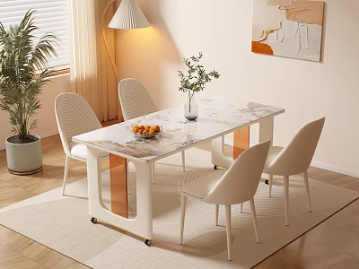 Modern Dining Table Set with Marble Top White Chairs Green Plant Vase and Fruit Bowl 3d model