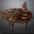 Traditional Chinese Tea Table With Copper Teapot Pastries Tea Cups And Decorative Mat
