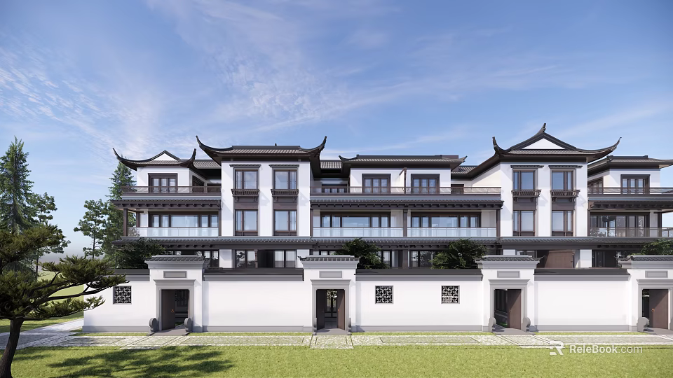 Chinese Style Townhouse Exterior With White Walls Black Tiles And Courtyard Design 3d model 