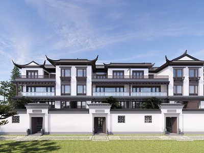 Chinese Style Townhouse Exterior With White Walls Black Tiles And Courtyard Design 3d model