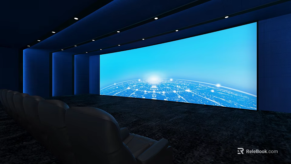Modern Cinema Interior Featuring Large Screen Blue Light Globe and Comfortable Leather Seats 3d model 