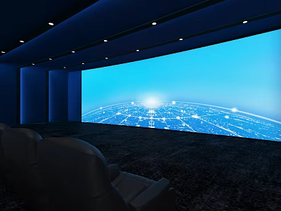 Modern Cinema Interior Featuring Large Screen Blue Light Globe and Comfortable Leather Seats 3d model