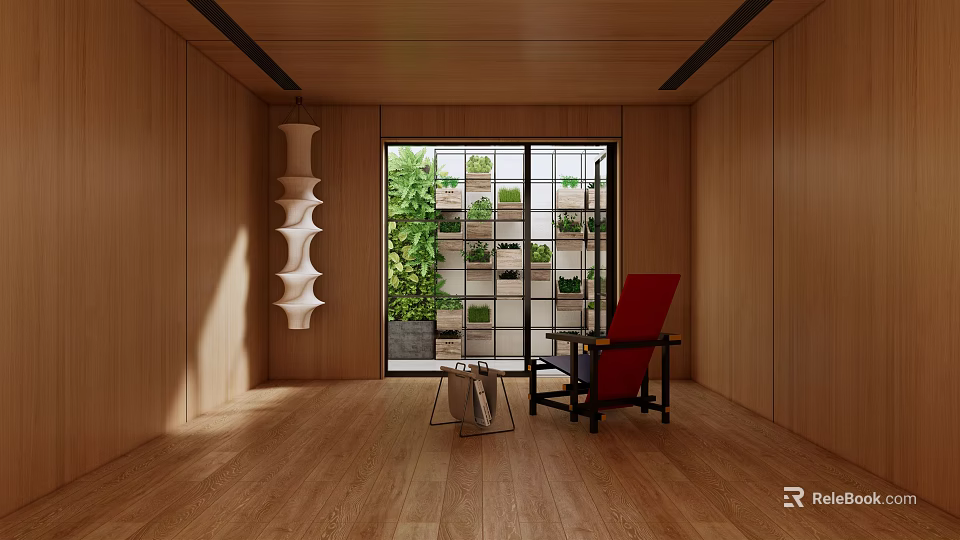 Modern Recreation Room With Wooden Walls Large Windows Red Armchair And Greenery 3d model 