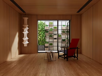 Modern Recreation Room With Wooden Walls Large Windows Red Armchair And Greenery 3d model