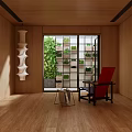 Modern Recreation Room With Wooden Walls Large Windows Red Armchair And Greenery