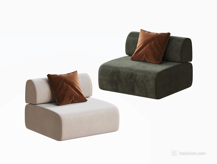 Two Modern Beige and Dark Green Single Seater Sofas with Brown Fabric Cushions 3d model 