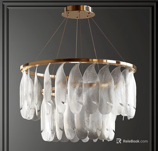 Elegant Modern Gold Frame Chandelier with Transparent Feather Shaped Glass Pieces 3d model 