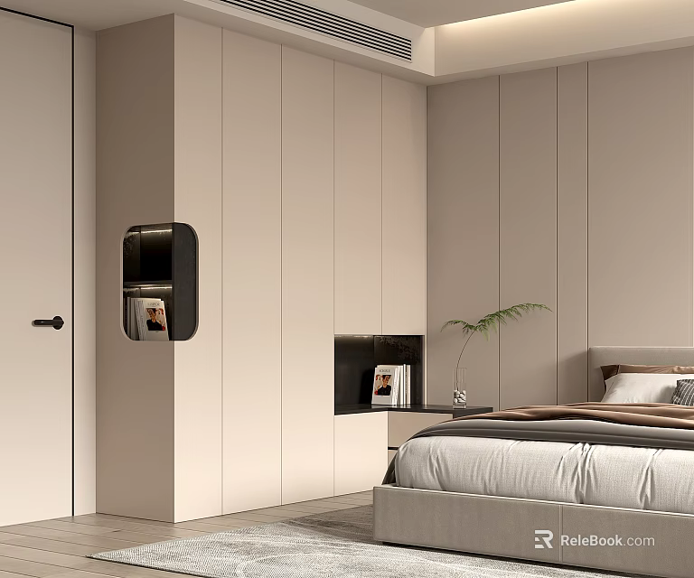 Modern Light Colored Wardrobe In Minimalist Bedroom With Bed And Plant 3d model 