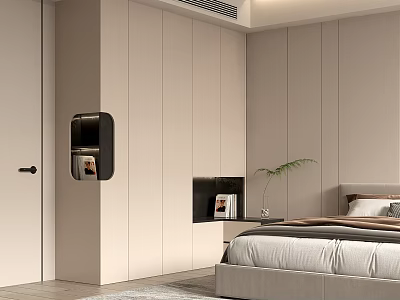 Modern Light Colored Wardrobe In Minimalist Bedroom With Bed And Plant 3d model