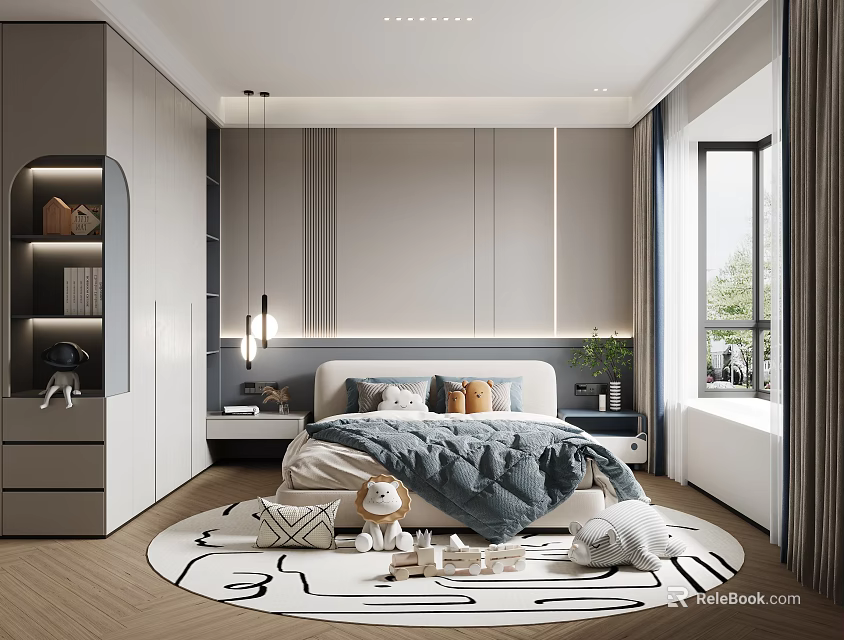 Modern Bedroom Interior With Large Bed Soft Bedding Round Rug And Built In Wardrobe 3d model 