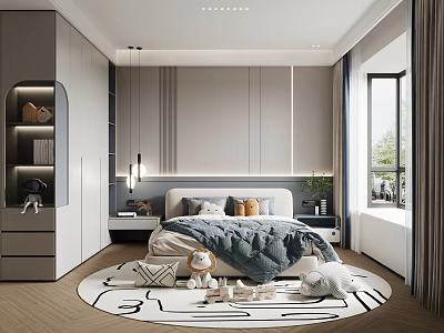Modern Bedroom Interior With Large Bed Soft Bedding Round Rug And Built In Wardrobe 3d model