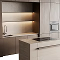 Modern Kitchen Interior With Dark Light Wood Cabinets Counter And Oven