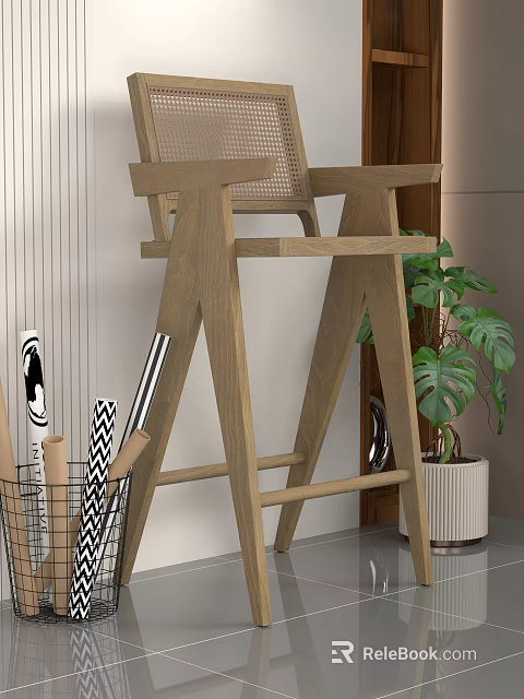 Wooden Bar Stool With Woven Backrest In Modern Interior Design With Indoor Green Plant 3d model 
