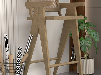Wooden Bar Stool With Woven Backrest In Modern Interior Design With Indoor Green Plant 3d model