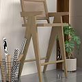 Wooden Bar Stool With Woven Backrest In Modern Interior Design With Indoor Green Plant