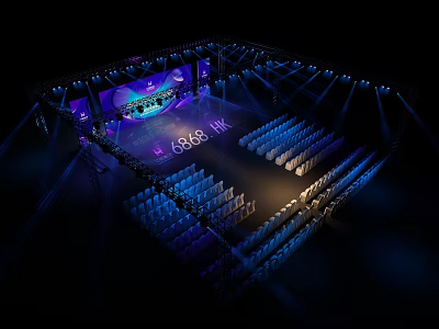 Stunning Stage Design With Blue Lighting Arranged Seats And Backdrop Screens 3d model
