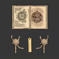 Ancient Open Book With Intricate Patterns Ornate Brass Candlesticks And Lit Candle