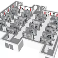 Industrial Equipment Featuring Server Racks Neatly Arranged In Bright Facility With Fire Safety Gear