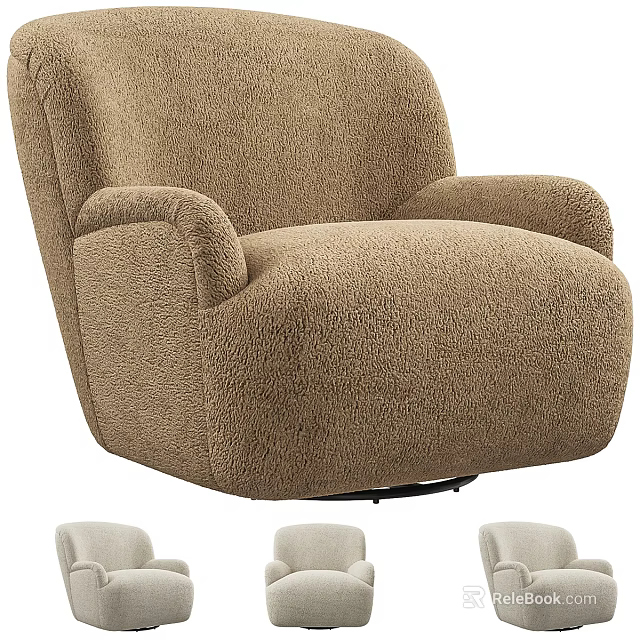 Cozy Brown Shaggy Fabric Armchair With Thick Armrests And Swivel Base 3d model 