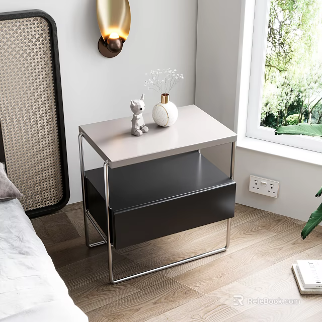 Modern Nightstand With Light Top Black Drawer And Metal Frame By Window On Wooden Floor 3d model 