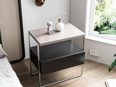 Modern Nightstand With Light Top Black Drawer And Metal Frame By Window On Wooden Floor 3d model