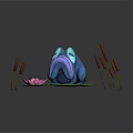 Blue Frog in Pond with Pink Lotus Flower Lily Pads and Cattails
