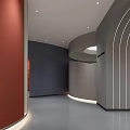 Modern Public Interior Space Featuring Circular Structure Green Curved Seating And Arched Doorway