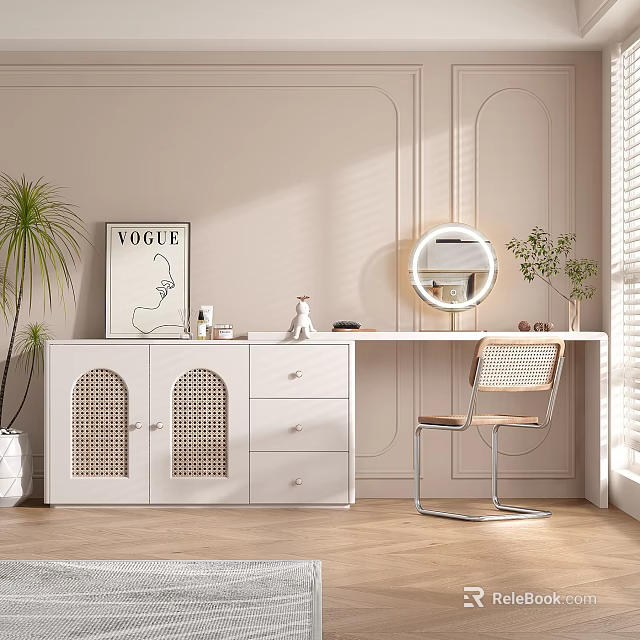 Modern White Dressing Table With Rattan Doors Round Mirror And Rattan Chair 3d model 