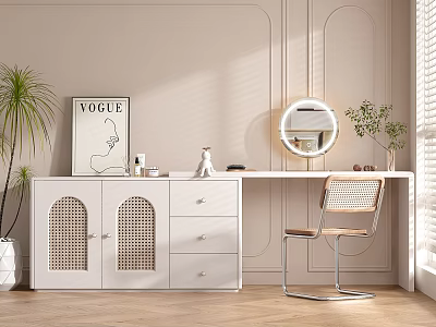 Modern White Dressing Table With Rattan Doors Round Mirror And Rattan Chair 3d model