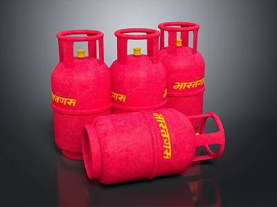 Red Indane Brand LPG Cylinders Standing And Lying On Black Surface 3d model