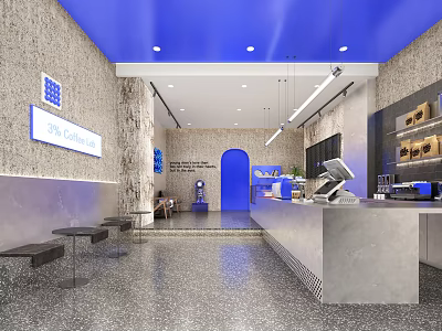 Modern Café Interior With Blue Ceiling Stone Walls Counter Tables And Chairs 3d model