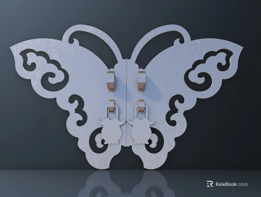 Decorative Butterfly Shaped White Metal Handle With Intricate Carved Design For Cabinet Door 3d model 