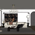 French Guest Restaurant Middle Ancient Home Guest Restaurant Multi-person Sofa Coffee Table Combination Chandelier Hanging Picture Floor Lamp Dining Table and Chair 3d model