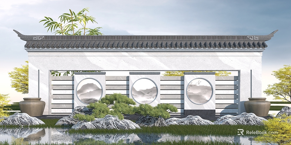 Chinese Style Scenic Wall With Gray Tiled Roof Circular Windows And Landscape Paintings Pond Reflection 3d model 