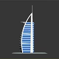 Cartoon Scene Featuring Sail Shaped Building With Blue White Stripes Green Lawn And Surrounding Water