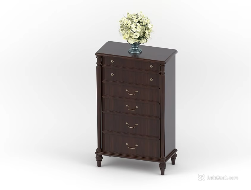 Dark Wooden Chest of Drawers with Legs Multiple Drawer Handles and Vase of White Flowers 3d model 