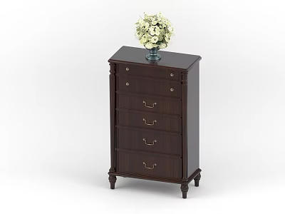 Dark Wooden Chest of Drawers with Legs Multiple Drawer Handles and Vase of White Flowers 3d model