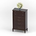 Dark Wooden Chest of Drawers with Legs Multiple Drawer Handles and Vase of White Flowers
