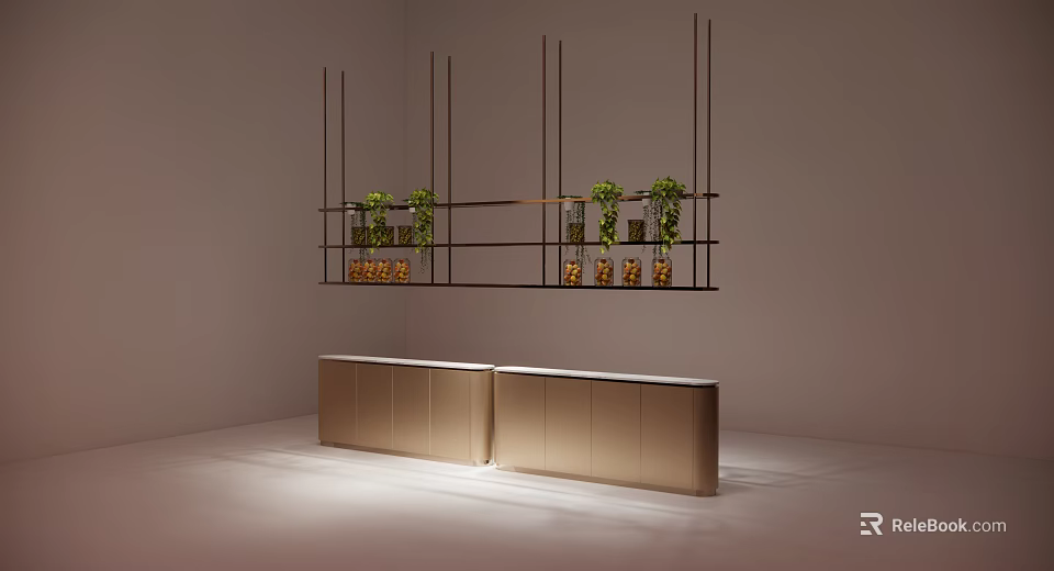 Minimalist Wall Cabinets With Black Metal Frame Green Plants And Golden Items Lower Cabinet 3d model 