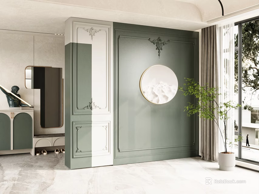 Elegant Entryway Hallway Featuring Green And White Paneled Walls Circular Decorative Plate And Potted Plant 3d model 