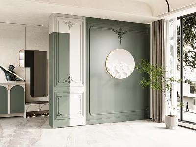Elegant Entryway Hallway Featuring Green And White Paneled Walls Circular Decorative Plate And Potted Plant 3d model