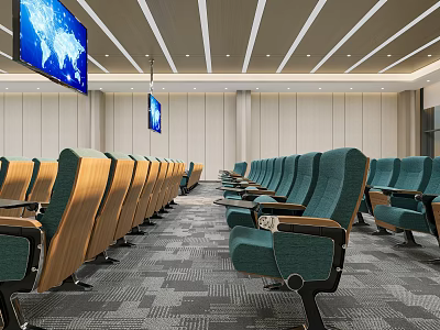 Modern Conference Room With Green Seats Wooden Armrests And World Map Screens 3d model