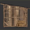 Wooden Storage Shed With Corrugated Roof And Logs Inside On Paved Ground
