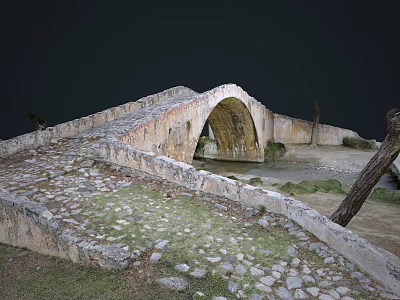 Ancient Stone Bridge With Arch Structure Stone Slab Pathway And Grassy River Surroundings 3d model
